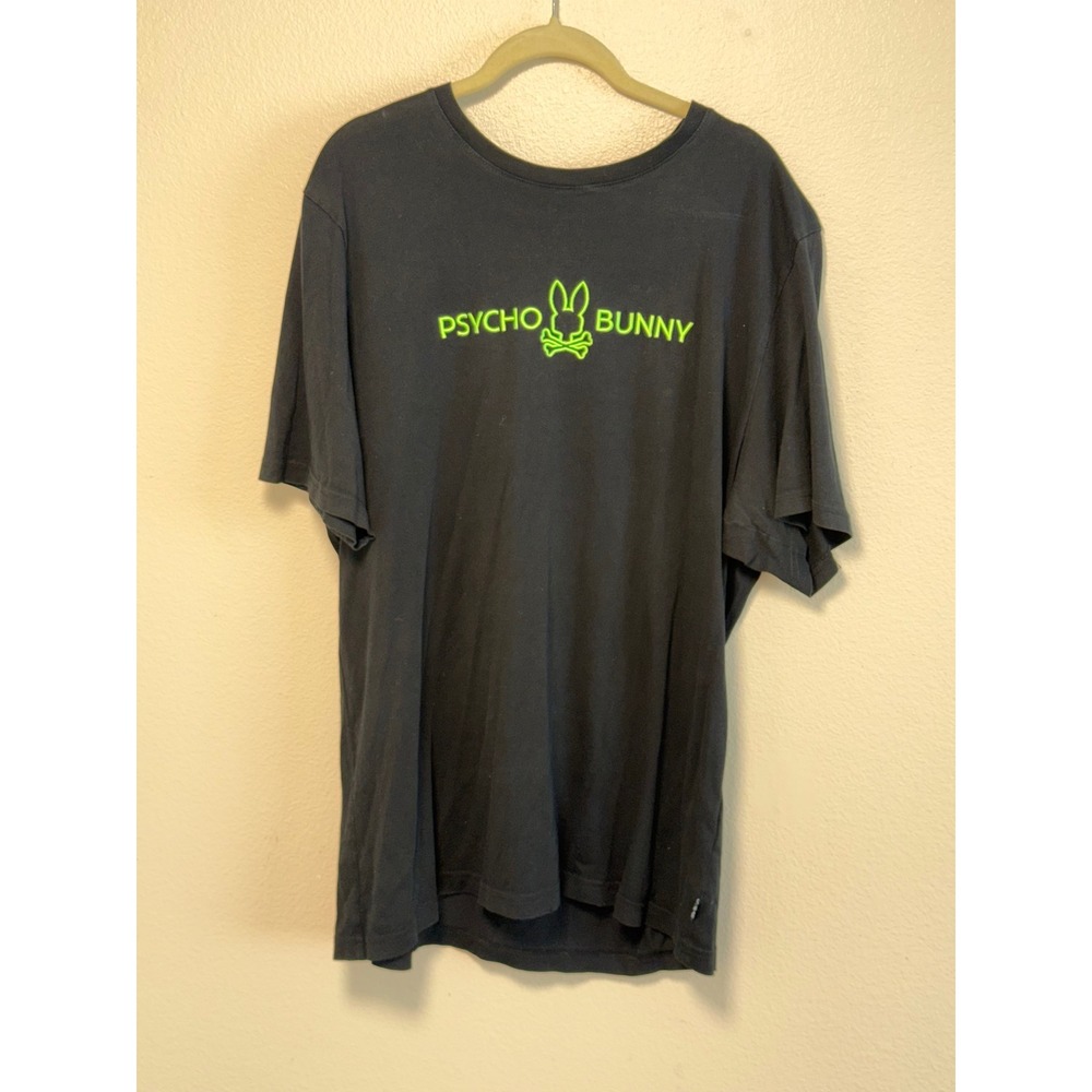 Psycho Bunny Mens Black Pima Cotton Neon Green Logo Graphic T-Shirt Size 8 2XL
